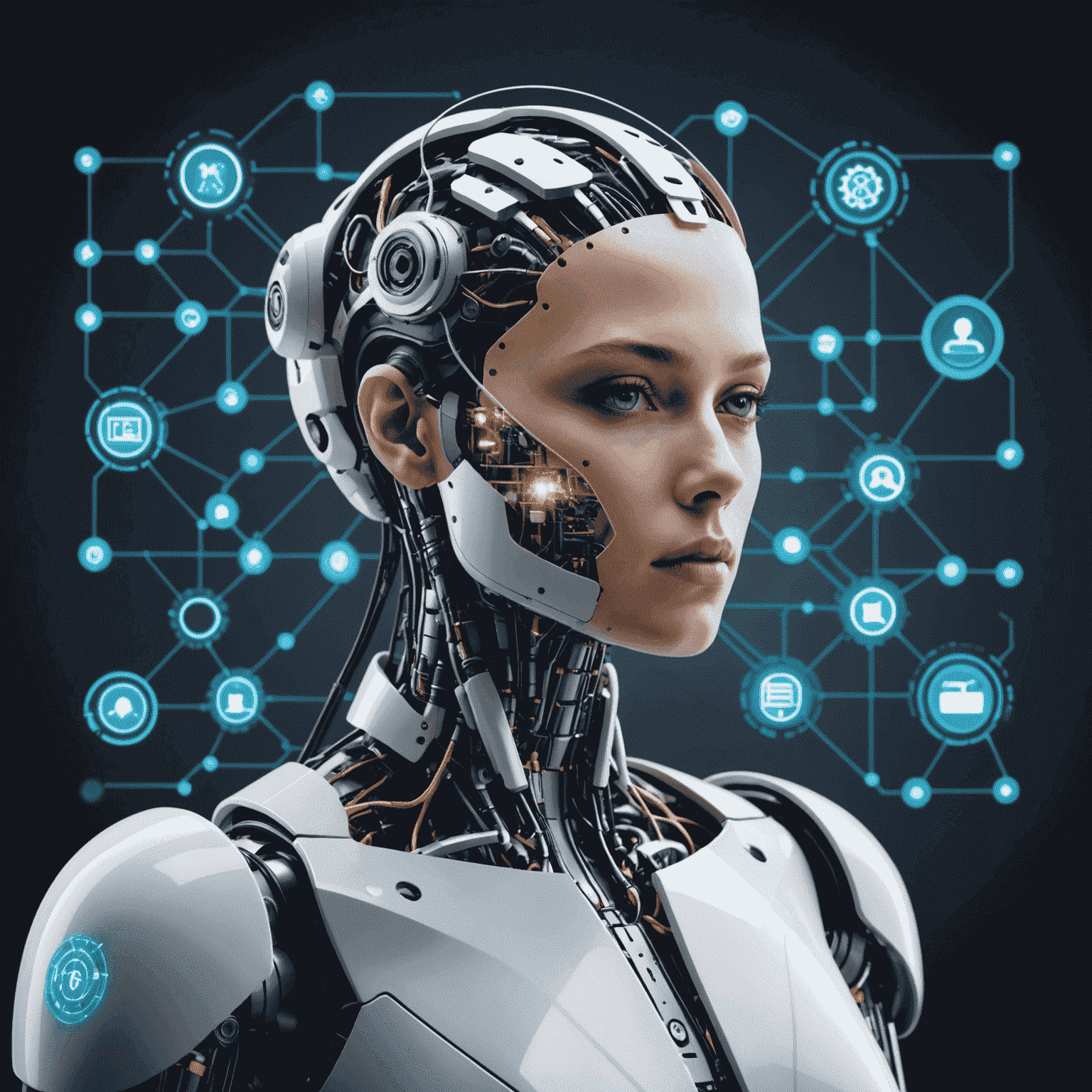 A visual representation of artificial intelligence being integrated into various business operations, such as automation, data analysis, and decision-making processes.