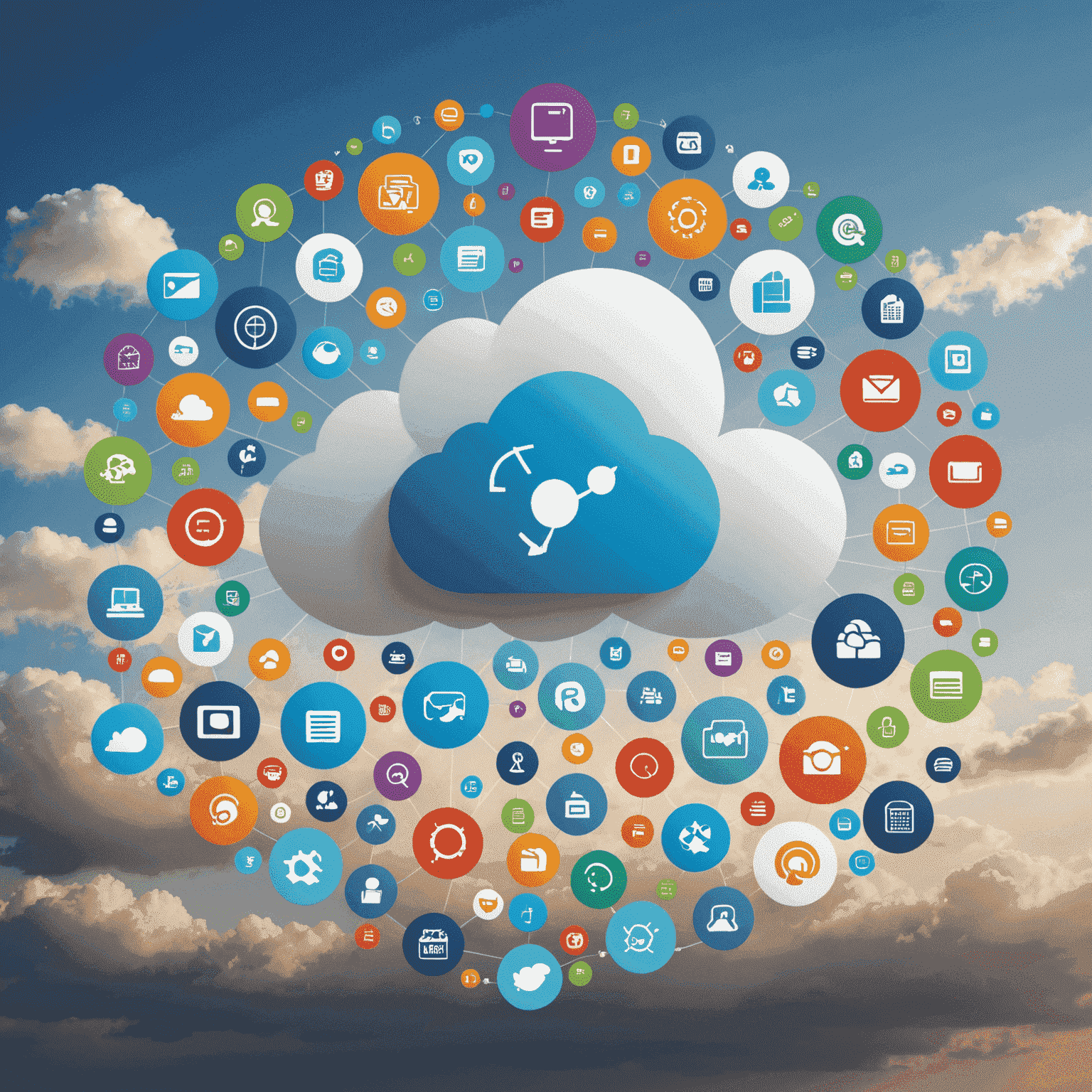 An image of a cloud with various business icons inside it, representing the concept of cloud computing for business infrastructure