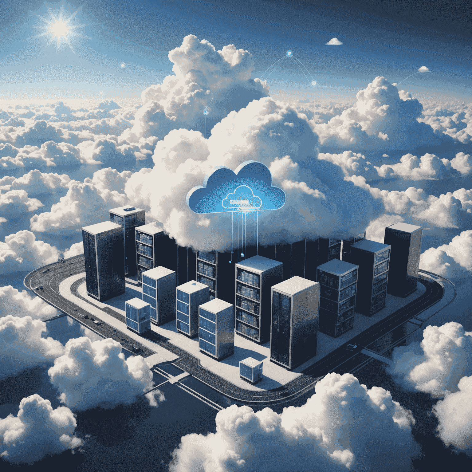 An illustration depicting the concept of cloud computing, with businesses connecting to a centralized cloud infrastructure for storage, processing, and management of their IT resources.