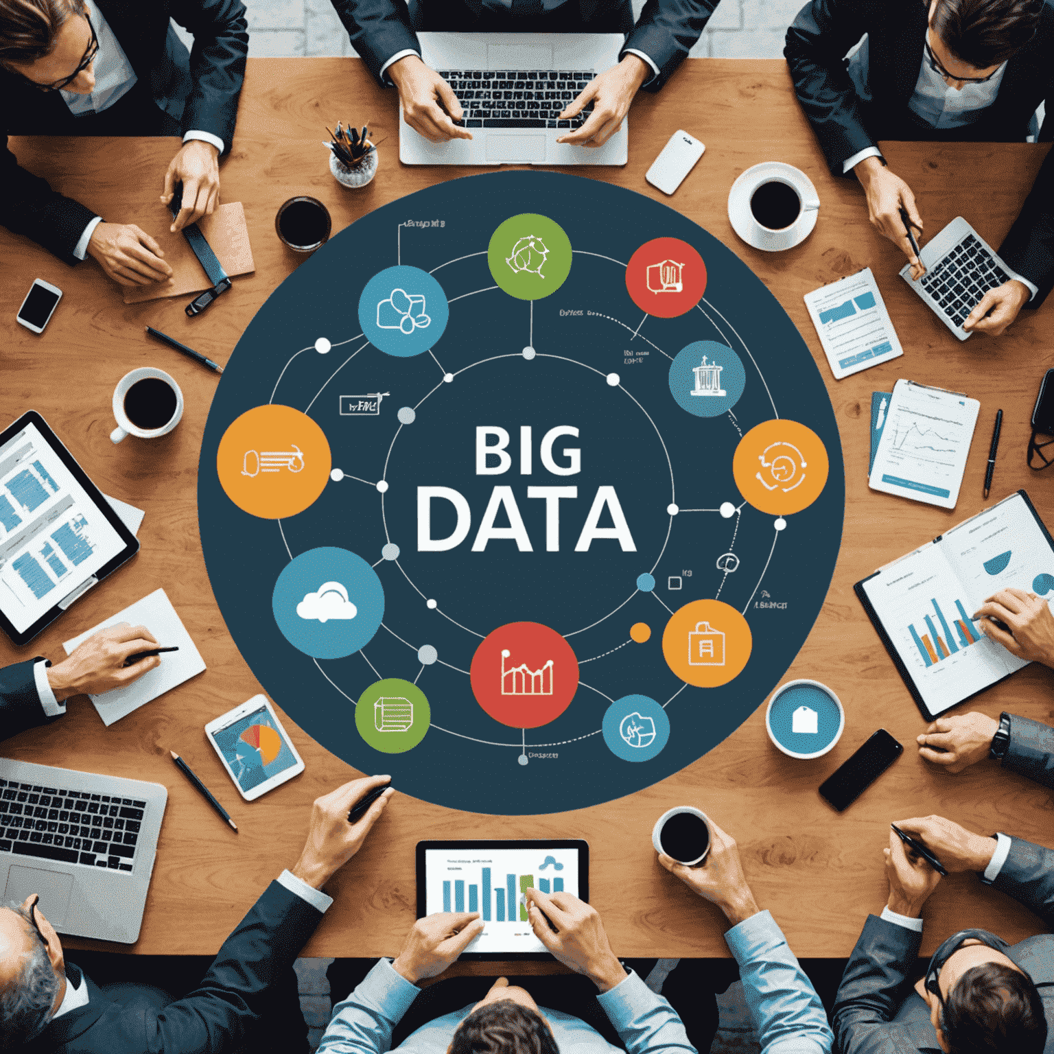 A visual representation of big data analytics, showcasing various data sources, such as customer behavior, market trends, and operational metrics, being processed and analyzed to derive valuable business insights.